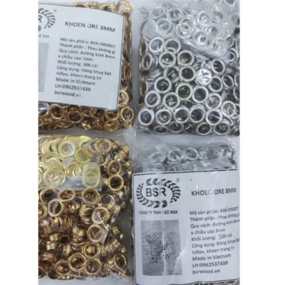 Khoen ore 8mm Khoen mắt cáo 8ly Bằng Thau không gỉ(mỏng) Màu Bạc Đồng Vàng Khuy mắt cáo Chuyên bấm vải Phụ liệu may mặc - Ảnh 2