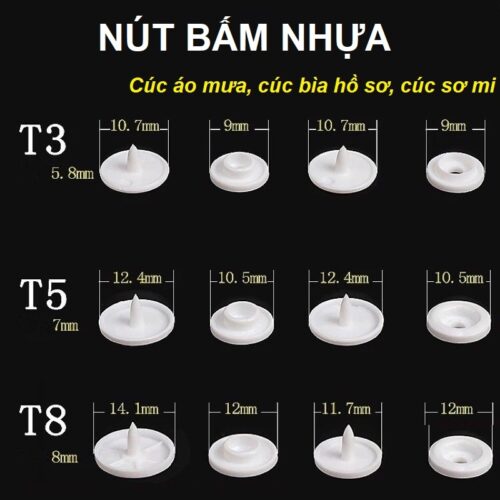 Nút bấm nhựa Cúc áo mưa, nút áo sơ mi, nút bấm bìa hồ sơ Cúc bấm 4 chi tiết Size T3 (10mm) T5 (12mm) T8 (15mm)