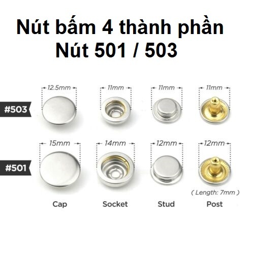 Nút bấm 4 thành phần 12mm 15mm Mã cúc 501 503 Bằng thau không gỉ Chuyên làm nút áo da cao cấp, áo khoác, quần jean