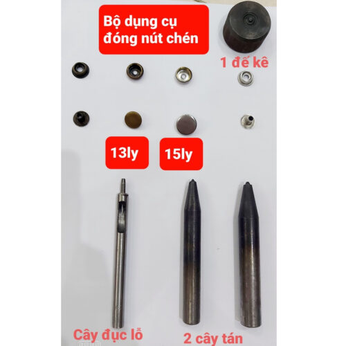 Bộ dụng cụ đóng nút chén (nút bấm 4 thành phần, cúc bát, nút áo gió,túi ví) gồm Cây đục lỗ,cây đóng nút bấm,đế kê