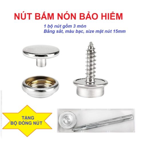 Nút bấm nón bảo hiểm (1 bộ 3 món,15mm, bằng sắt, màu bạc) Tặng dụng cụ để đóng nút