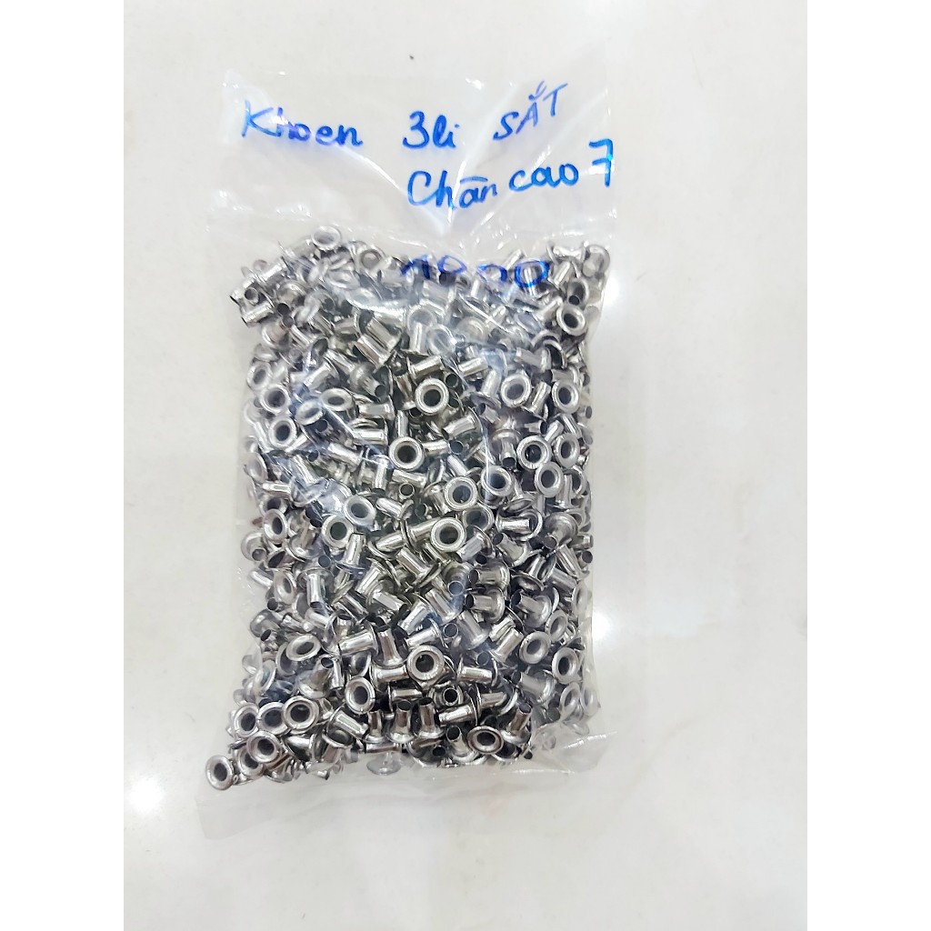 Khoen mắt cáo 3mm (Khoen ore 3 ly) Chân cao 7ly Khuy mắt cáo đóng bạt, túi giấy Bằng sắt Túi 100 cái (không có long đền) - Ảnh 2