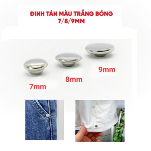 Nút đinh tán Size 7-8-9mm Mặt trơn Màu bạc Hàng không gỉ sét Nút trang trí quần áo, túi xách, gia cố túi quần jean.