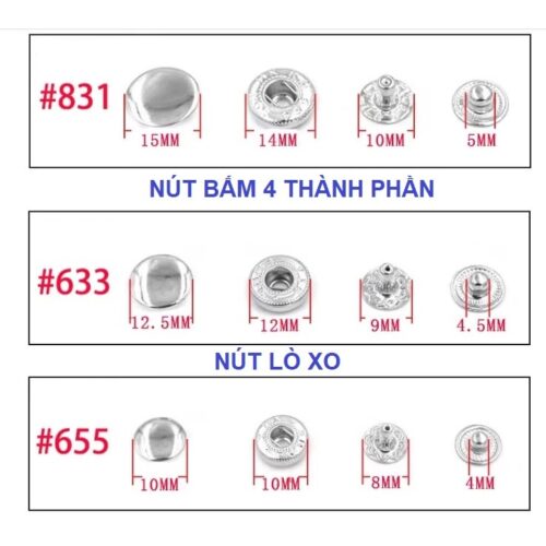 Nút bấm 4 thành phần (nút bóp, nút lò xo) Bằng SẮT Size 10mm,12mm,15mm Dùng làm đồ thủ công