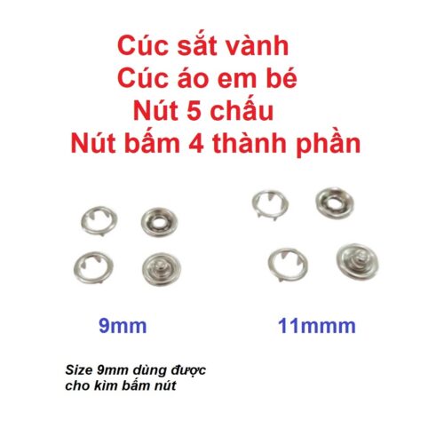 Alternative view of Nút bấm vành áo sơ sinh Nút bấm 5 chấu Nút áo bấm bốn thành phần Bằng thau không gỉ Màu bạc Cỡ 9mm/11mm Bịch 50/100 bộ