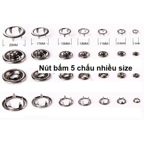 Nút bấm 5 chấu Cúc áo 4 thành phần Bằng thau không gỉ Màu bạc Size lớn 13mm, 15mm, 17mm, 20mm Bịch 10 bộ