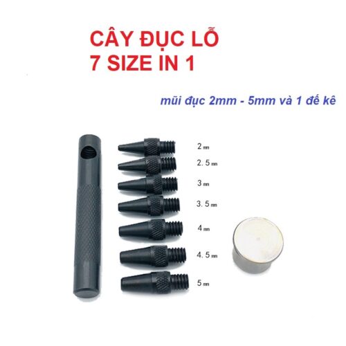 Cây đục lỗ 7 IN 1 Thay đổi đầu đục lỗ Nhiều size 2mm - 5mm và 1 đế kê Dùng đục lỗ tròn lên da, simili, giấy Hàng nhập