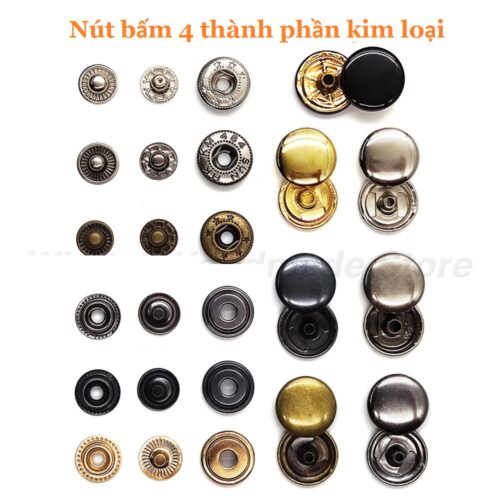 Nút bấm kim loại bấm áo khoác, đồ da, quần jean Hợp kim Không gỉ Nhiều màu Size 10,13,15,17mm Bịch 20bộ Phụ liệu may mặc