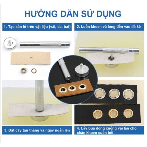 Alternative view of Dụng cụ đục khoen đóng khoen ore (mắt cáo) dùng cho tấm bạt,da,vải,giấy Gồm 1 cây tán và 1 đế kê khoen Size 4mm - 20mm