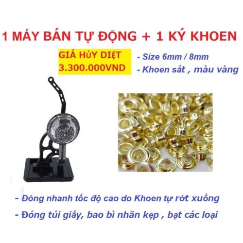 [GIÁ HỦY DIỆT] Máy đóng khoen bạt, khoen túi giấy Bán Tự Động + 1kg khoen 6mm / 8mm Sắt Màu vàng (không có long đền)