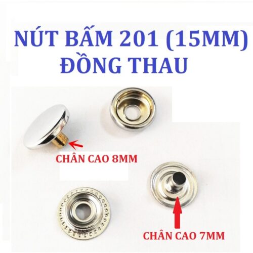 Nút bấm 4 thành phần (nút chén) 15mm Chân cao 7mm Bằng thau không gỉ Màu bạc Dùng cho da, vải dày