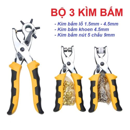 Kềm / Bộ 3 Kìm đa chức năng gồm 1 kìm bấm lỗ, 1 kìm bấm khoen 4.5mm , bấm nút 5 chấu (nút sắt vành 9mm) MÃ AL-02